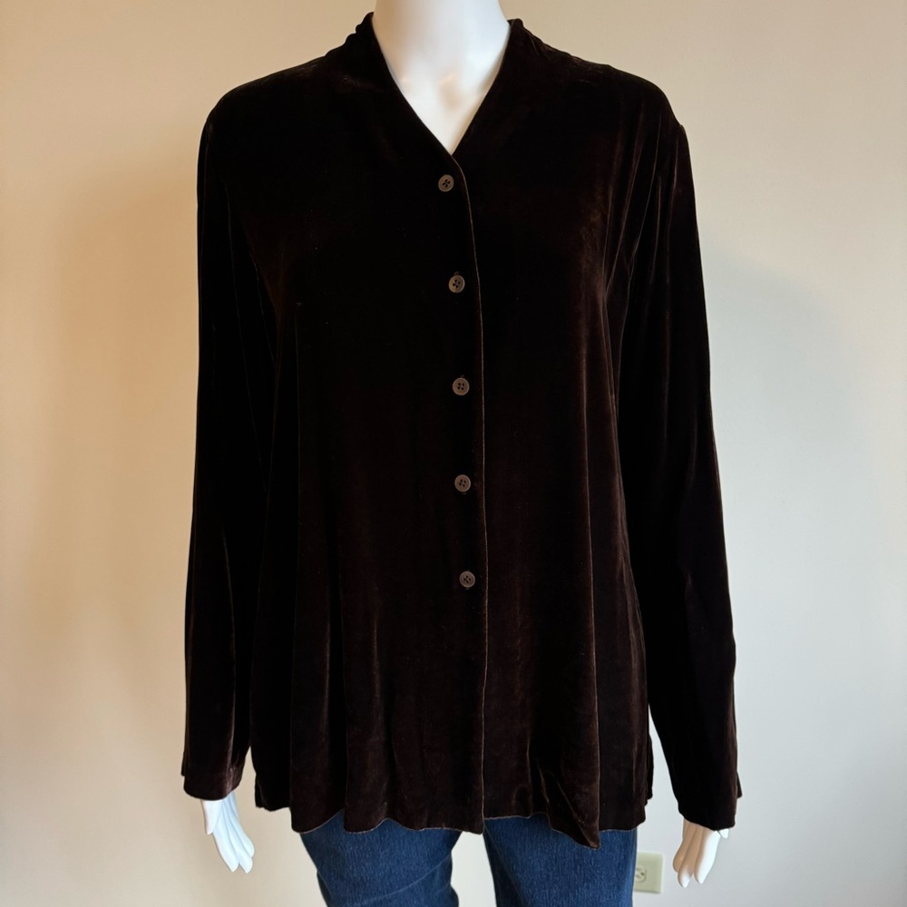 Eileen Fisher Silk Rayon Velvet Brown Long Sleeve Button Down Shirt Brown Sz S